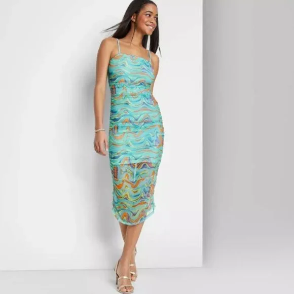 Wild Fable Wave Sleeveless Ruched Mesh Bodycon Dress